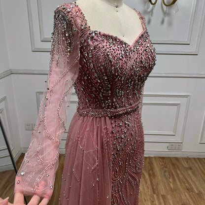 2025 Arabic Pink Elegant Mermaid Gowns with Luxury Beaded Overskirt for Women Wedding Party LA72441