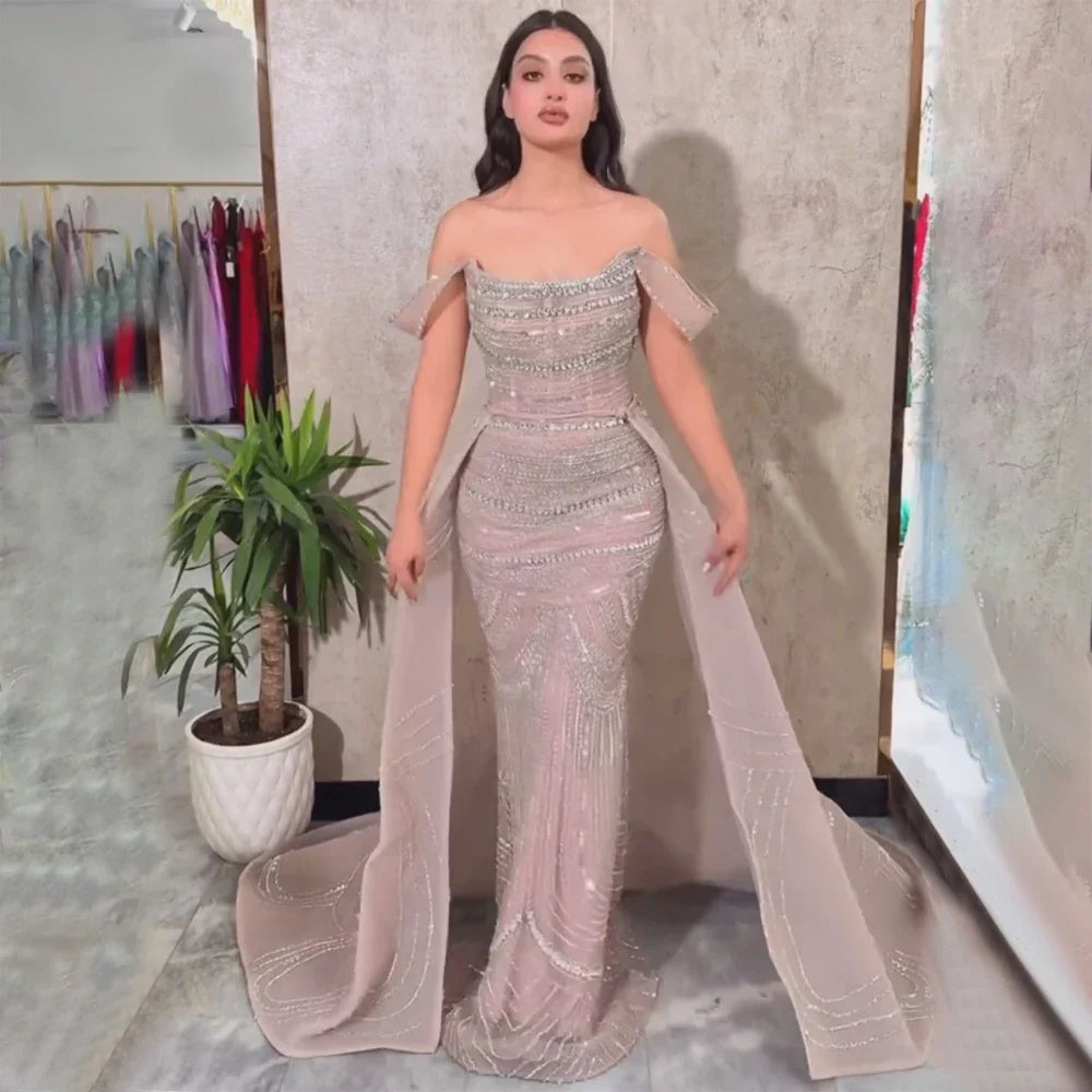 2025 Arabic Pink Mermaid Beaded Evening Gown with Detachable Satin Overskirt for Formal Occasion LA72781