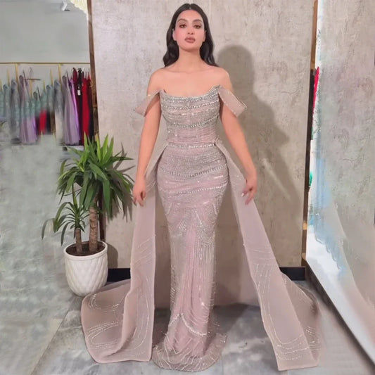2025 Arabic Pink Mermaid Beaded Evening Gown with Detachable Satin Overskirt for Formal Occasion LA72781