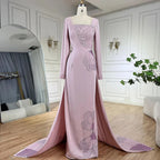 2025 Arabic Pink Mermaid Elegant Beaded Satin Luxury Dubai Evening Dresses Gowns For Women Party LA72001A