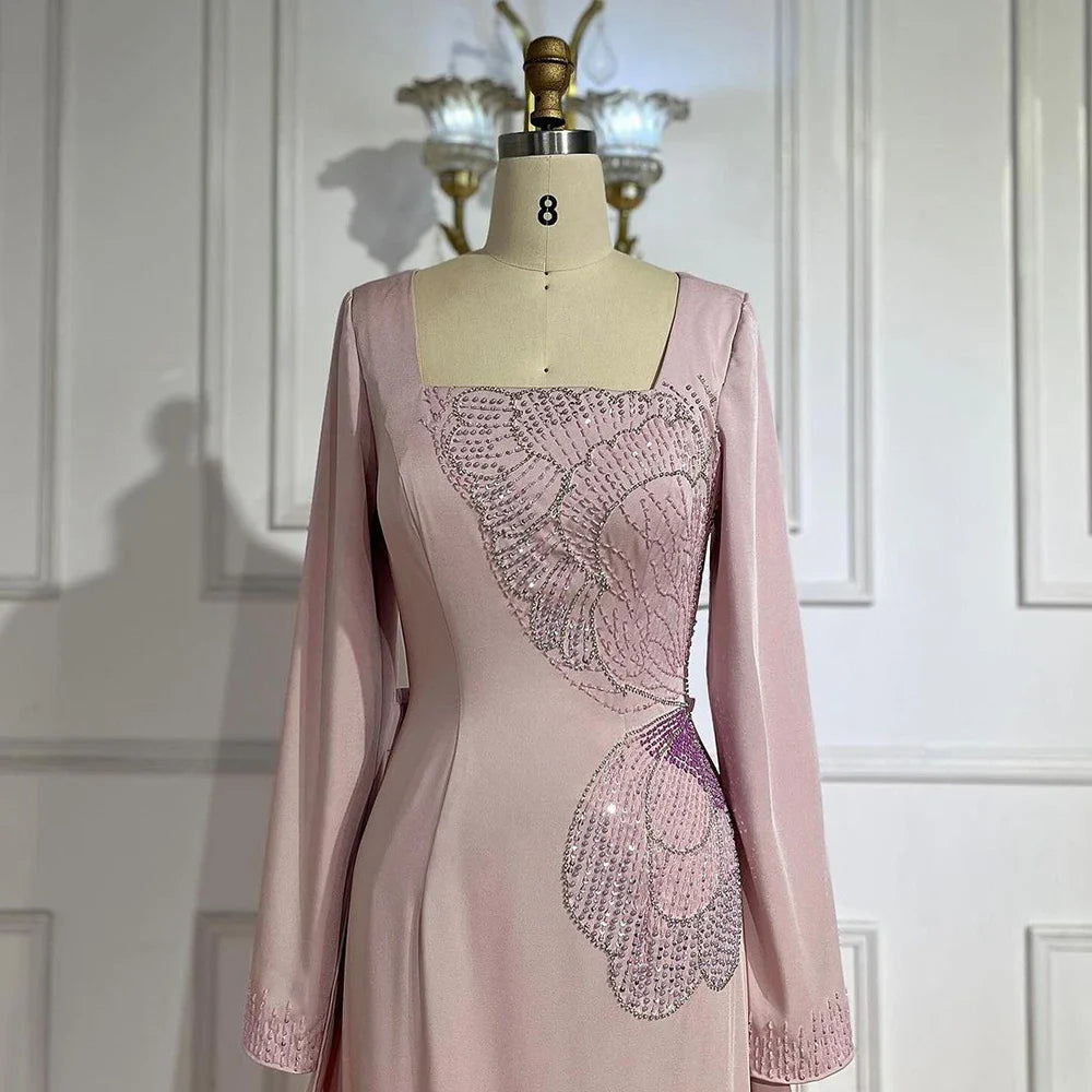 2025 Arabic Pink Mermaid Elegant Beaded Satin Luxury Dubai Evening Dresses Gowns For Women Party LA72001A