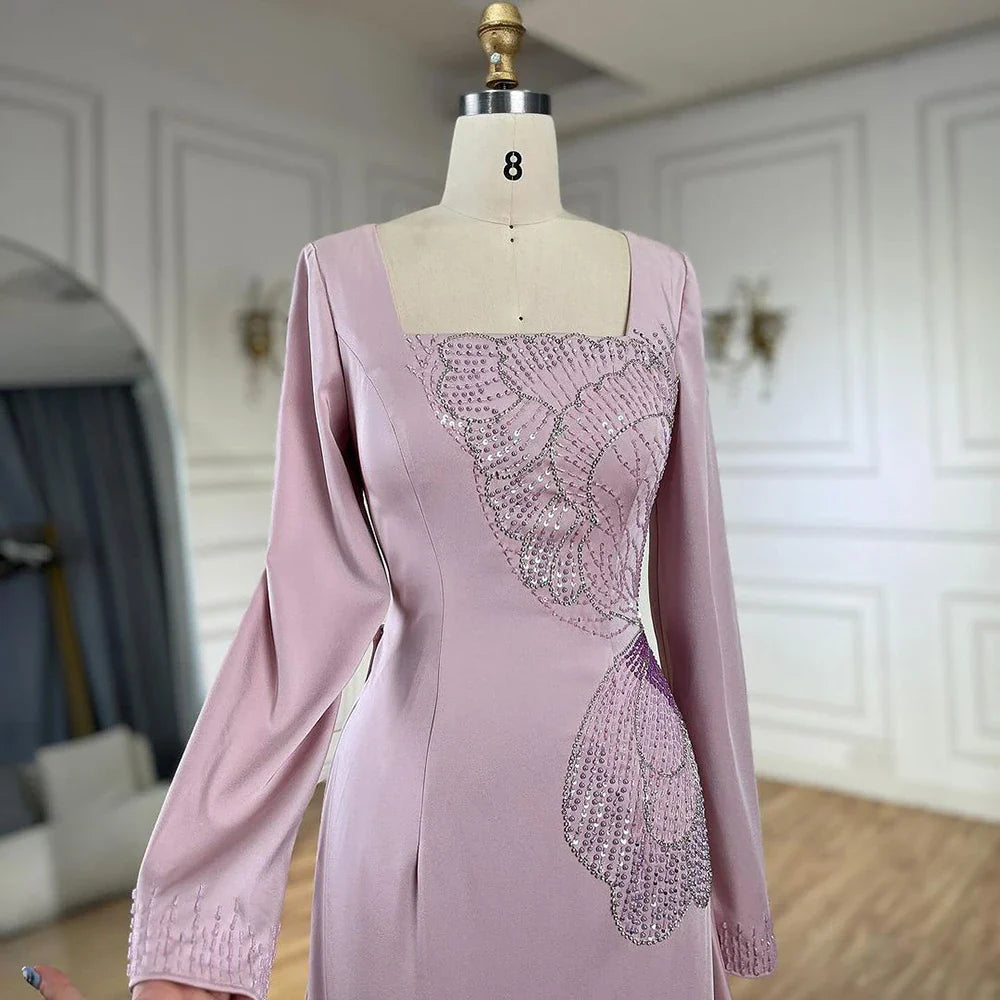 2025 Arabic Pink Mermaid Elegant Beaded Satin Luxury Dubai Evening Dresses Gowns For Women Party LA72001A