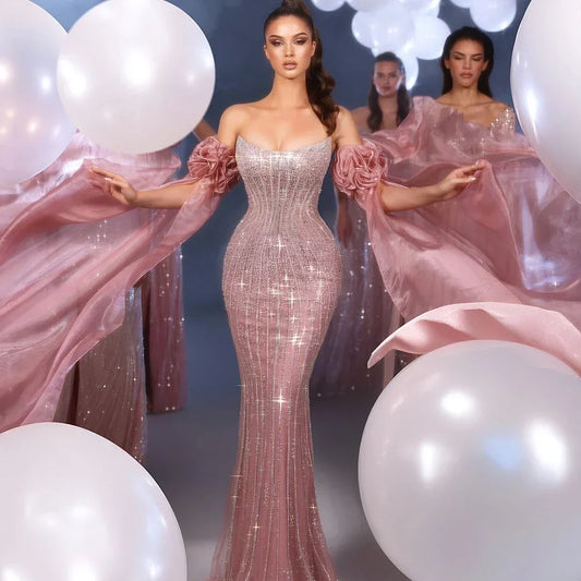 2025 Arabic Pink Strapless Beaded Mermaid Evening Gown Vintage Half Puff Sleeve Dress for Women's Party LA72569