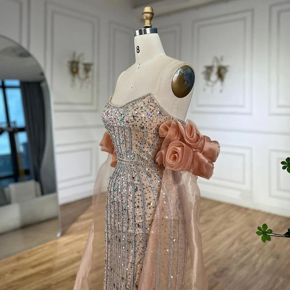2025 Arabisch Rosa Trägerloses Perlen Meerjungfrau Abendkleid Vintage Halbe Puffärmel Kleid für Damen Party LA72569 