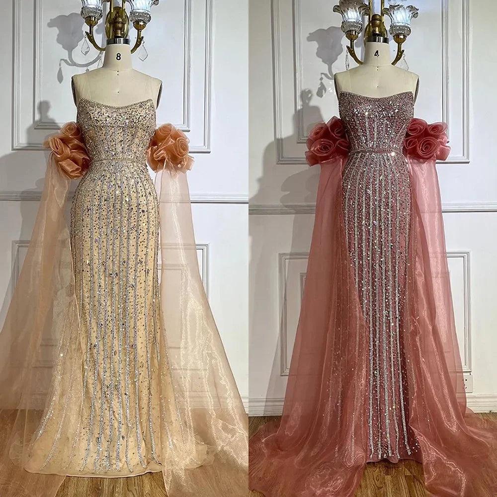 2025 Arabisch Rosa Trägerloses Perlen Meerjungfrau Abendkleid Vintage Halbe Puffärmel Kleid für Damen Party LA72569 