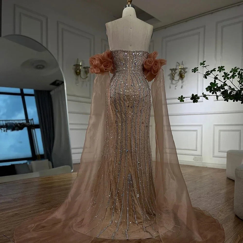 2025 Arabisch Rosa Trägerloses Perlen Meerjungfrau Abendkleid Vintage Halbe Puffärmel Kleid für Damen Party LA72569 