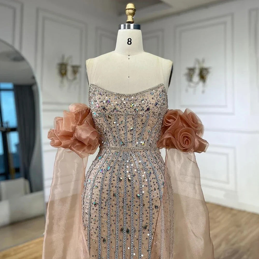 2025 Arabisch Rosa Trägerloses Perlen Meerjungfrau Abendkleid Vintage Halbe Puffärmel Kleid für Damen Party LA72569 