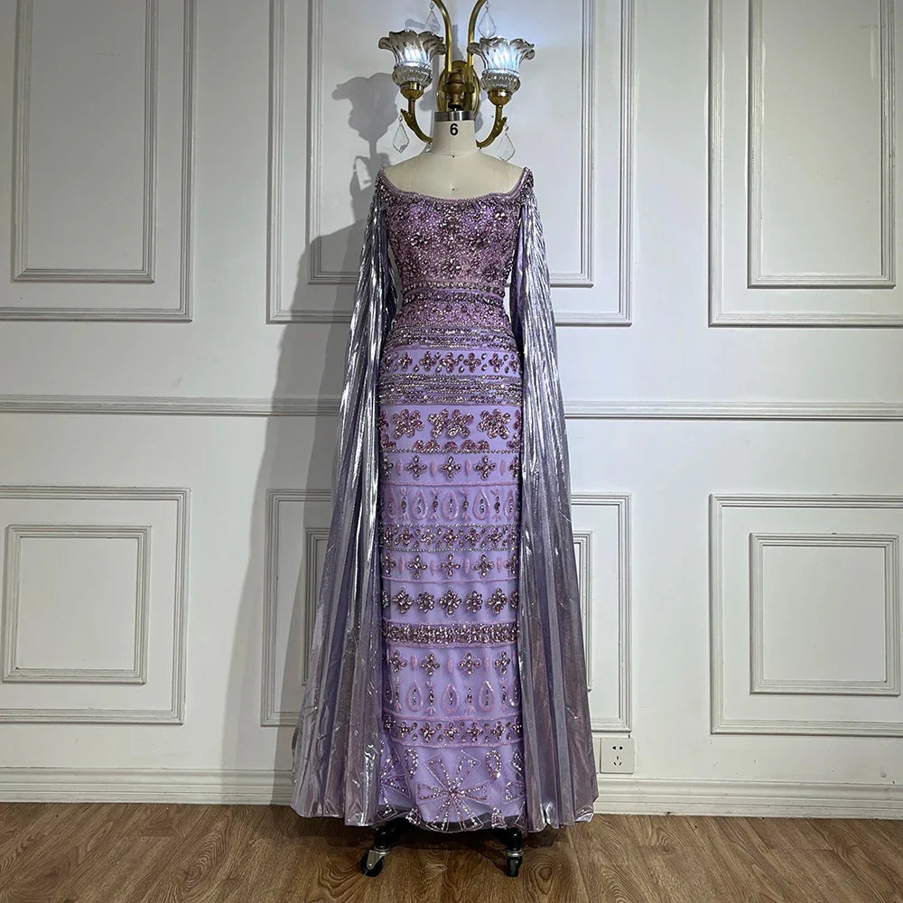 2025 Arabic Purple Cape Sleeves Mermaid Dubai Beaded Luxury Evening Dresses for Women Wedding Party Gowns LA72175