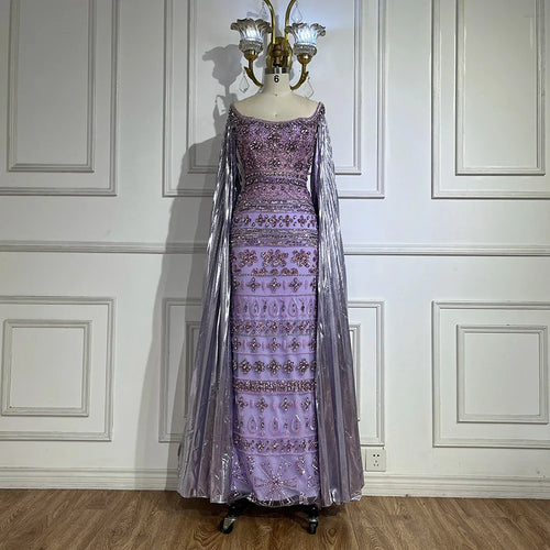 2025 Arabic Purple Cape Sleeves Mermaid Dubai Beaded Luxury Evening Dresses for Women Wedding Party Gowns LA72175