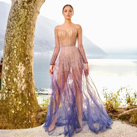 2025 Arabic Purple Elegant A-Line Beaded Long Evening Dresses Gowns for Formal Occasion LA72752
