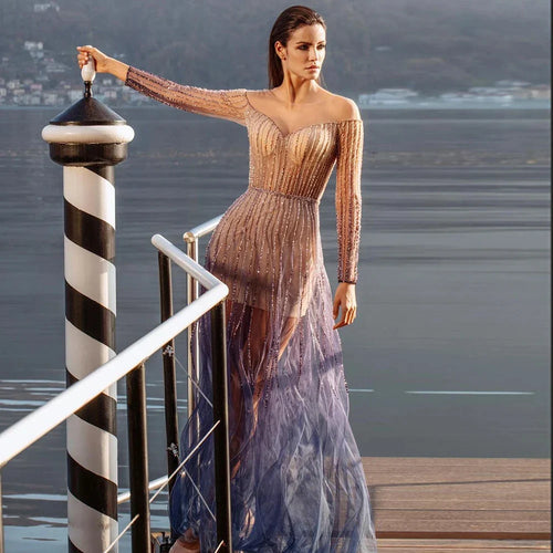 2025 Arabic Purple Elegant A-Line Beaded Long Evening Dresses Gowns for Formal Occasion LA72752