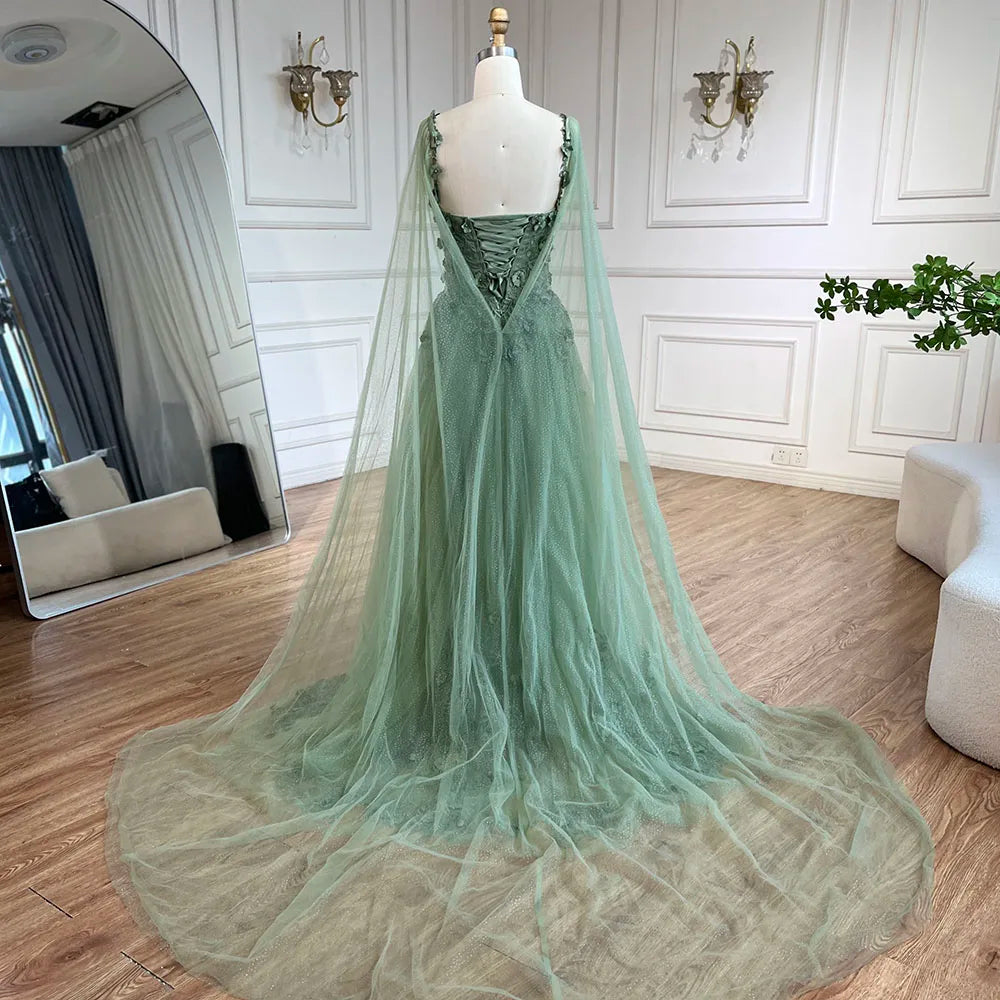 2025 Arabic Sage Green Spaghetti Strap Lace-Up Bow A-Line Appliques Prom Dress for Women Wedding Party LA72642