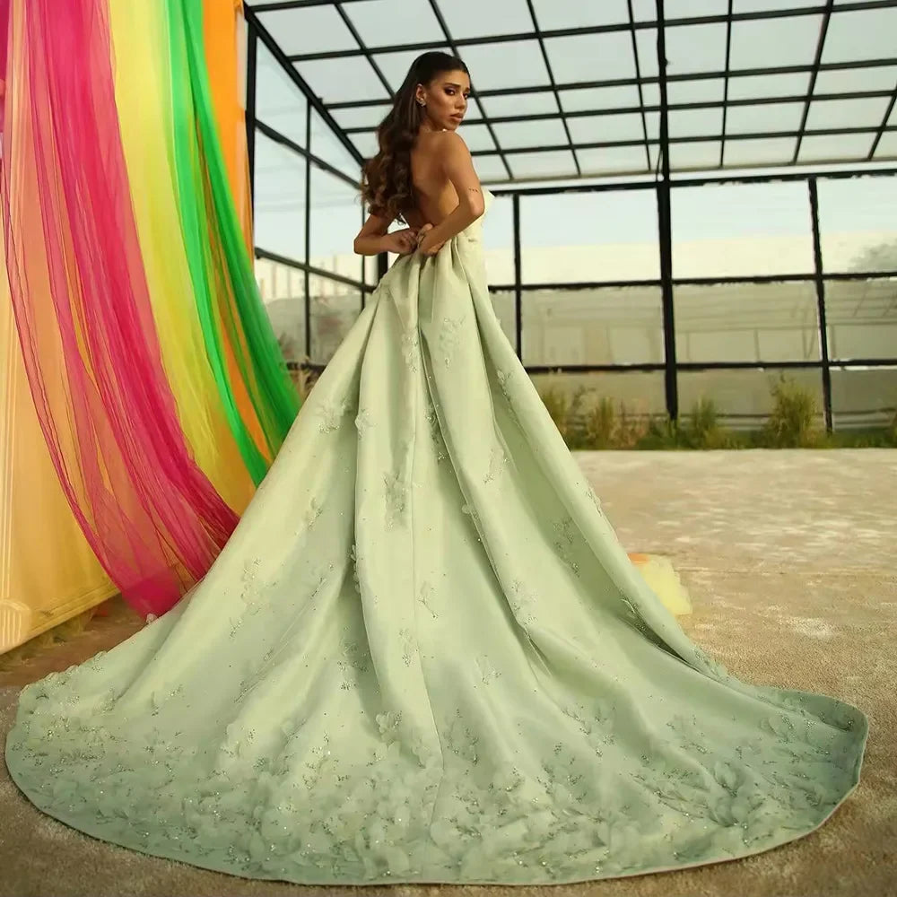 Luxury 3D Leaves Sage Green Dubai Evening Dress with Cape LA72724
