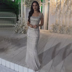 Arabic White Luxury Dubai Mermaid Evening Dress with Cap Sleeves LA72714
