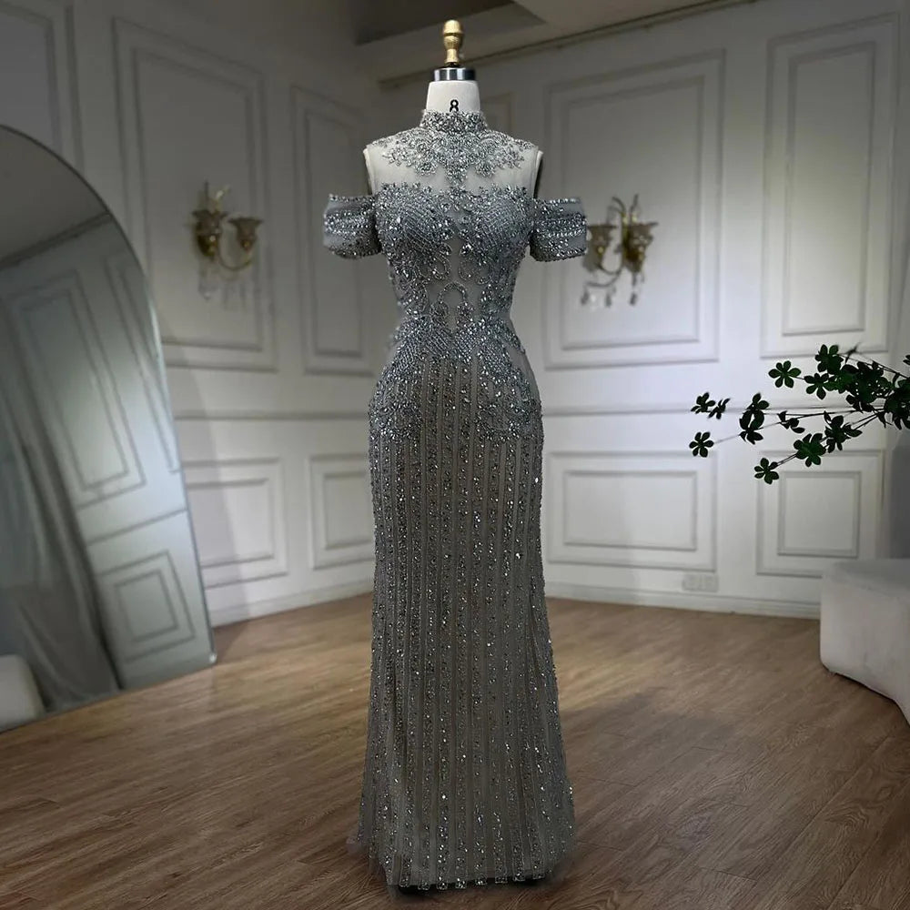 2025 Arabic Silver Nude Mermaid Beaded Crystal Luxury Dubai Evening Dresses Gowns for Women Wedding Party LA72411