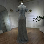 2025 Arabic Silver Nude Mermaid Beaded Crystal Luxury Dubai Evening Dresses Gowns for Women Wedding Party LA72411
