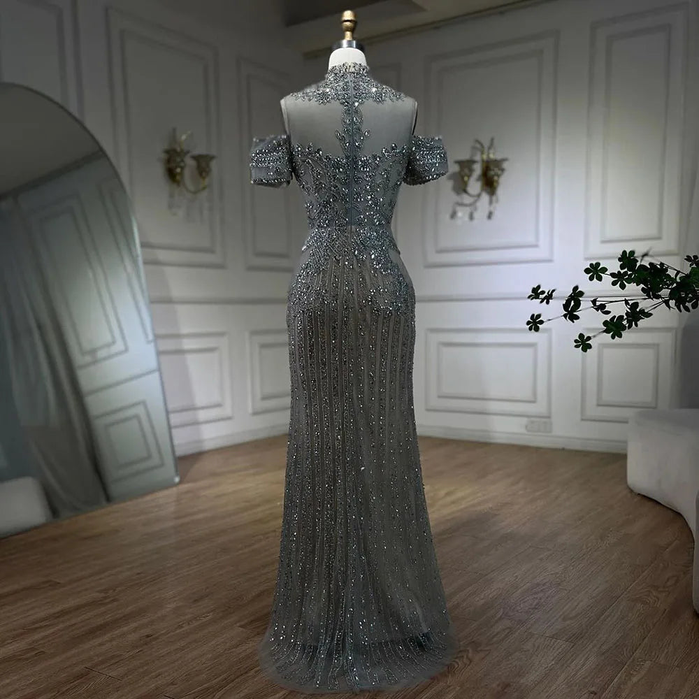 2025 Arabic Silver Nude Mermaid Beaded Crystal Luxury Dubai Evening Dresses Gowns for Women Wedding Party LA72411