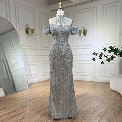 2025 Arabic Silver Nude Mermaid Beaded Crystal Luxury Dubai Evening Dresses Gowns for Women Wedding Party LA72411
