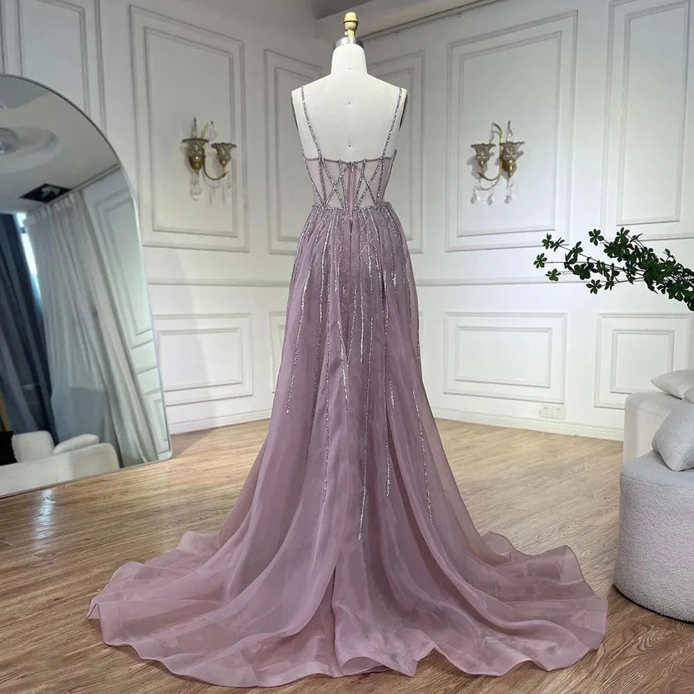2025 Arabic Spaghetti Strap Pink Mermaid Overskirt Beaded Evening Dresses Gowns for Women Wedding Party LA72451