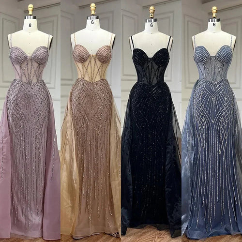 2025 arabisch Spaghetti Strap Rosa Meerjungfrau Überrock Perlen Abendkleider Kleider für Frauen Hochzeit Party LA72451 