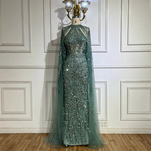 2025 Arabic Turquoise Cape Sleeve Mermaid Beaded Luxury Dubai Evening Dresses Gowns For Women Wedding Party LA72652