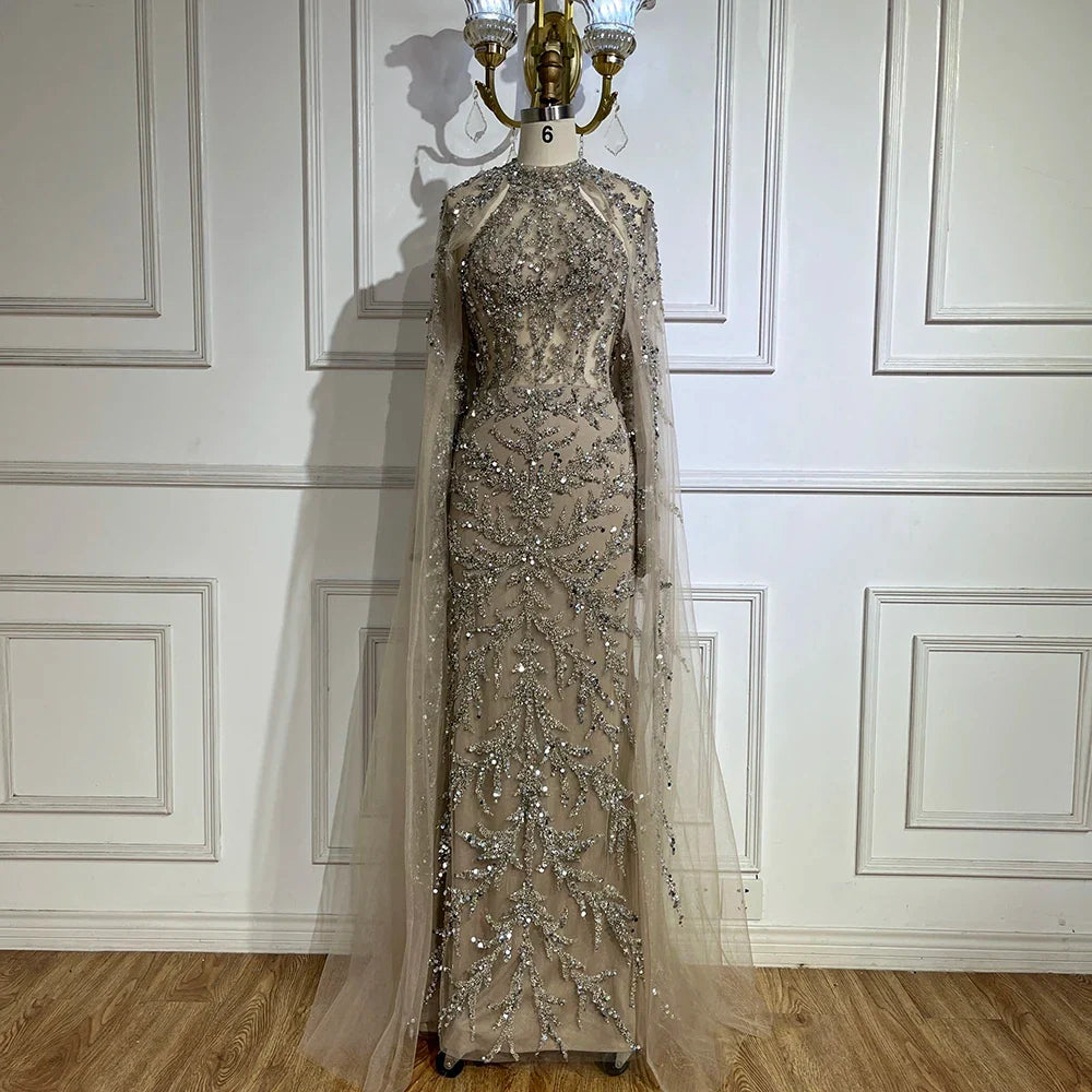 2025 Arabic Turquoise Cape Sleeve Mermaid Beaded Luxury Dubai Evening Dresses Gowns For Women Wedding Party LA72652