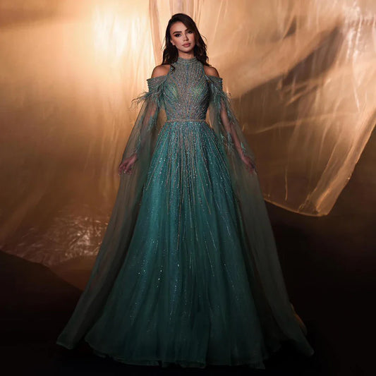 2025 Arabic Turquoise Cape Sleeves A-Line Beaded Feathers Long Evening Gowns for Women Wedding Party LA72644