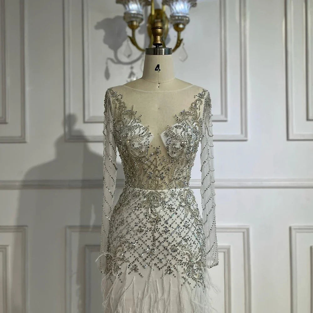 2025 Arabic White Mermaid Luxury Dubai Evening Gown with Feathers Beaded Dress for Women's Party LA72646