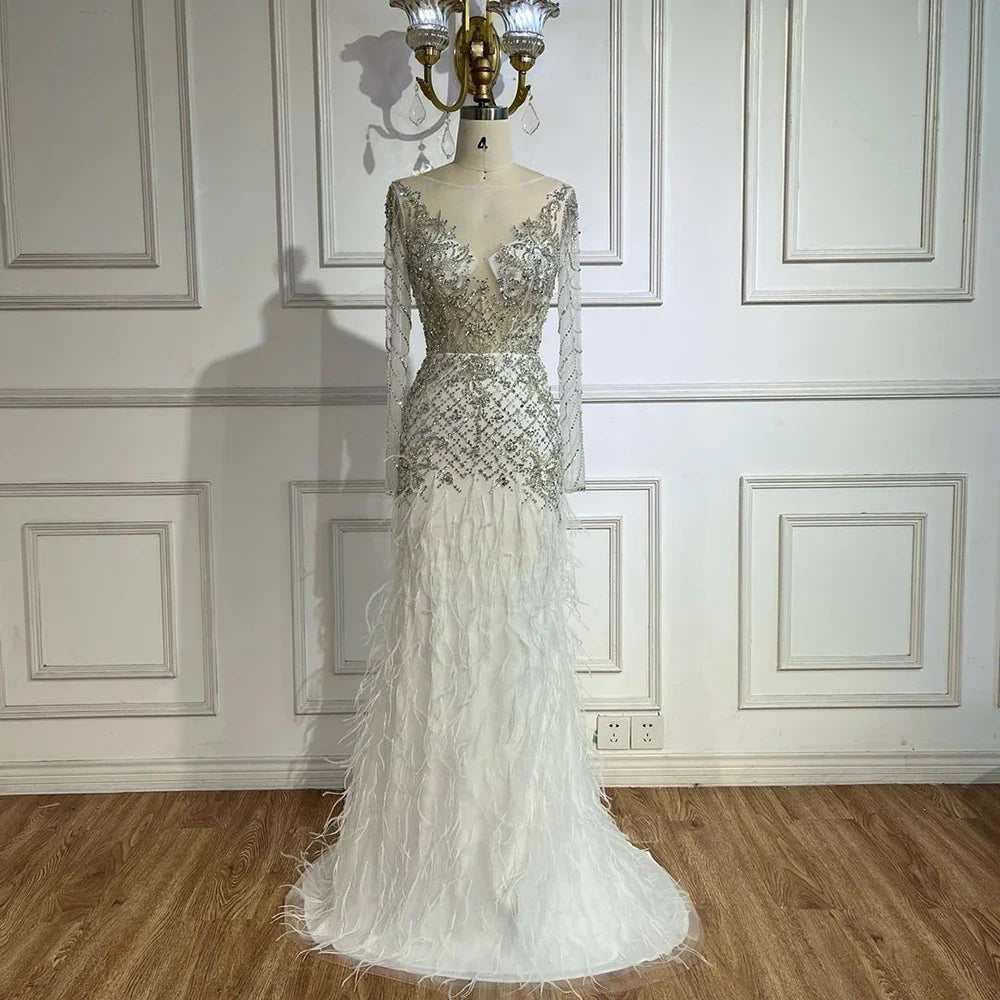 2025 Arabic White Mermaid Luxury Dubai Evening Gown with Feathers Beaded Dress for Women's Party LA72646