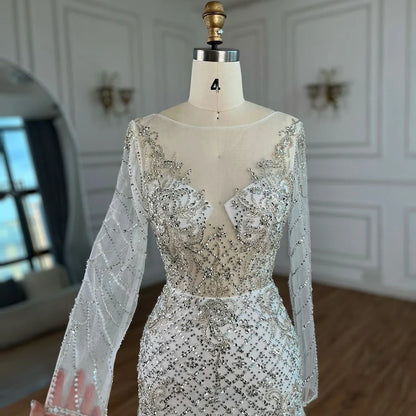 2025 Arabic White Mermaid Luxury Dubai Evening Gown with Feathers Beaded Dress for Women's Party LA72646