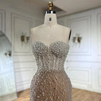 2025 Arabic White Nude Mermaid Gown Pearls Beading High Split Luxury Dubai Evening Dress for Women's Party LA72544