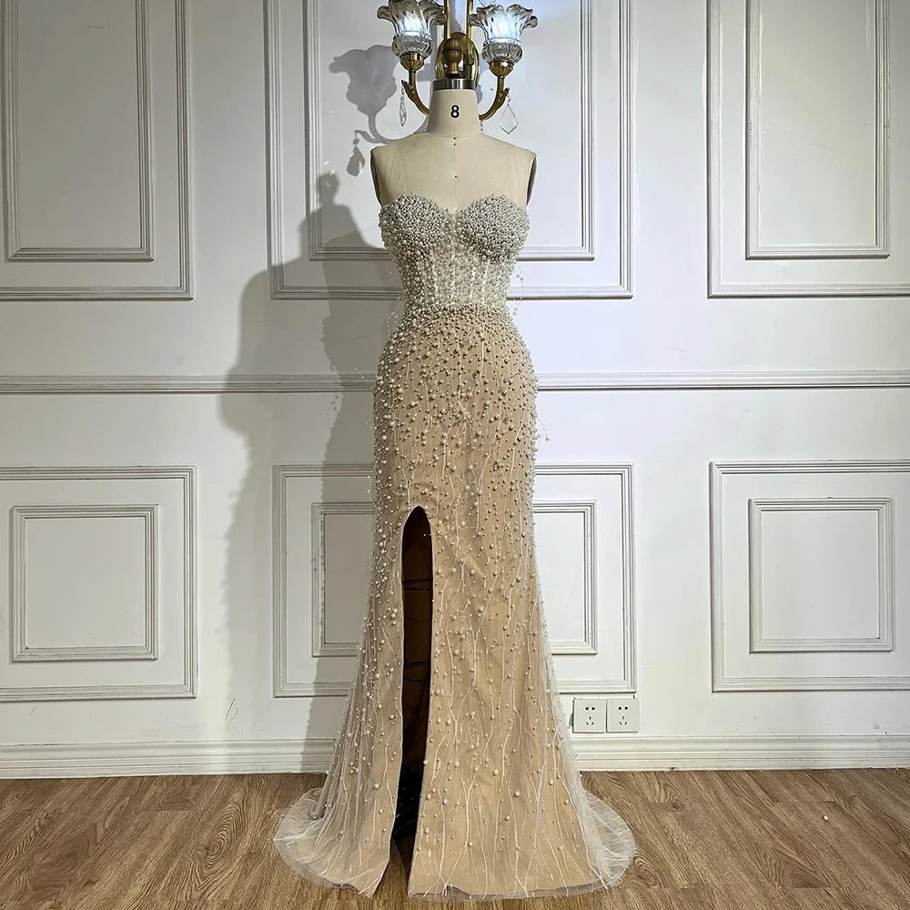 2025 Arabic White Nude Mermaid Gown Pearls Beading High Split Luxury Dubai Evening Dress for Women's Party LA72544