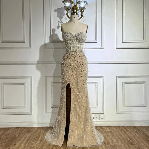 2025 Arabisch Weiß Nude Meerjungfrau Kleid Perlen Perlen High Split Luxus Dubai Abendkleid für Frauen Party LA72544 