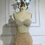 2025 Arabic White Nude Mermaid Gown Pearls Beading High Split Luxury Dubai Evening Dress for Women's Party LA72544