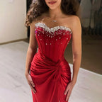 2025 Arabic Wine Red Strapless Beaded Mermaid Luxury Dubai Evening Gown with Side Split for Women's Party LA72673
