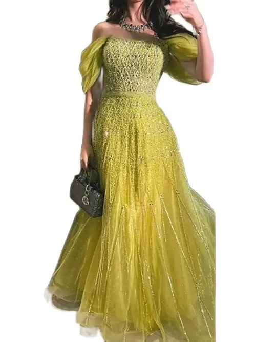 2025 Arabisch Gelb Boot-Ausschnitt Luxus Dubai Abendkleid A-Linie Elegantes Perlenkleid für Damenparty LA72661
