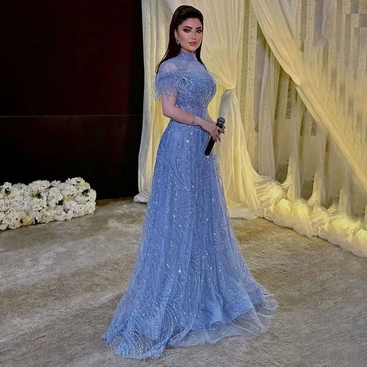 2025 Arabic blue A Line Short Sleeveless Luxury Evening Dresses Beaded Feathers For Women Wedding Party LA72351