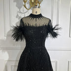 Vestido de noche azul árabe de lujo, corte A, corto, sin mangas, con plumas y cuentas, para mujer, fiesta de boda, LA72351 