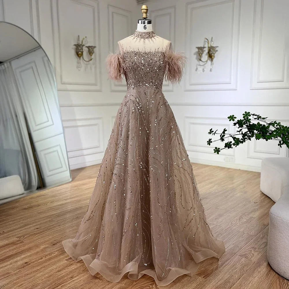 Vestido de noche azul árabe de lujo, corte A, corto, sin mangas, con plumas y cuentas, para mujer, fiesta de boda, LA72351 