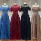 Vestido de noche azul árabe de lujo, corte A, corto, sin mangas, con plumas y cuentas, para mujer, fiesta de boda, LA72351 