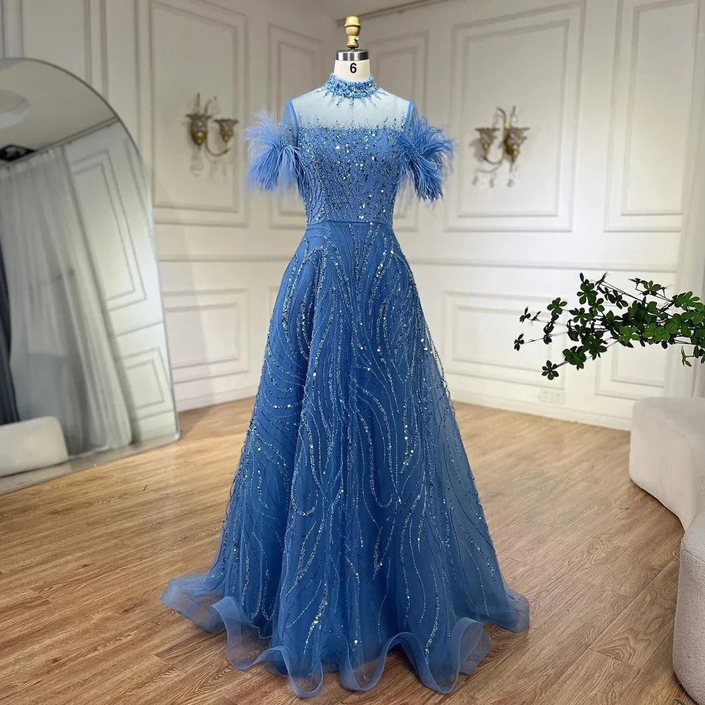 Vestido de noche azul árabe de lujo, corte A, corto, sin mangas, con plumas y cuentas, para mujer, fiesta de boda, LA72351 