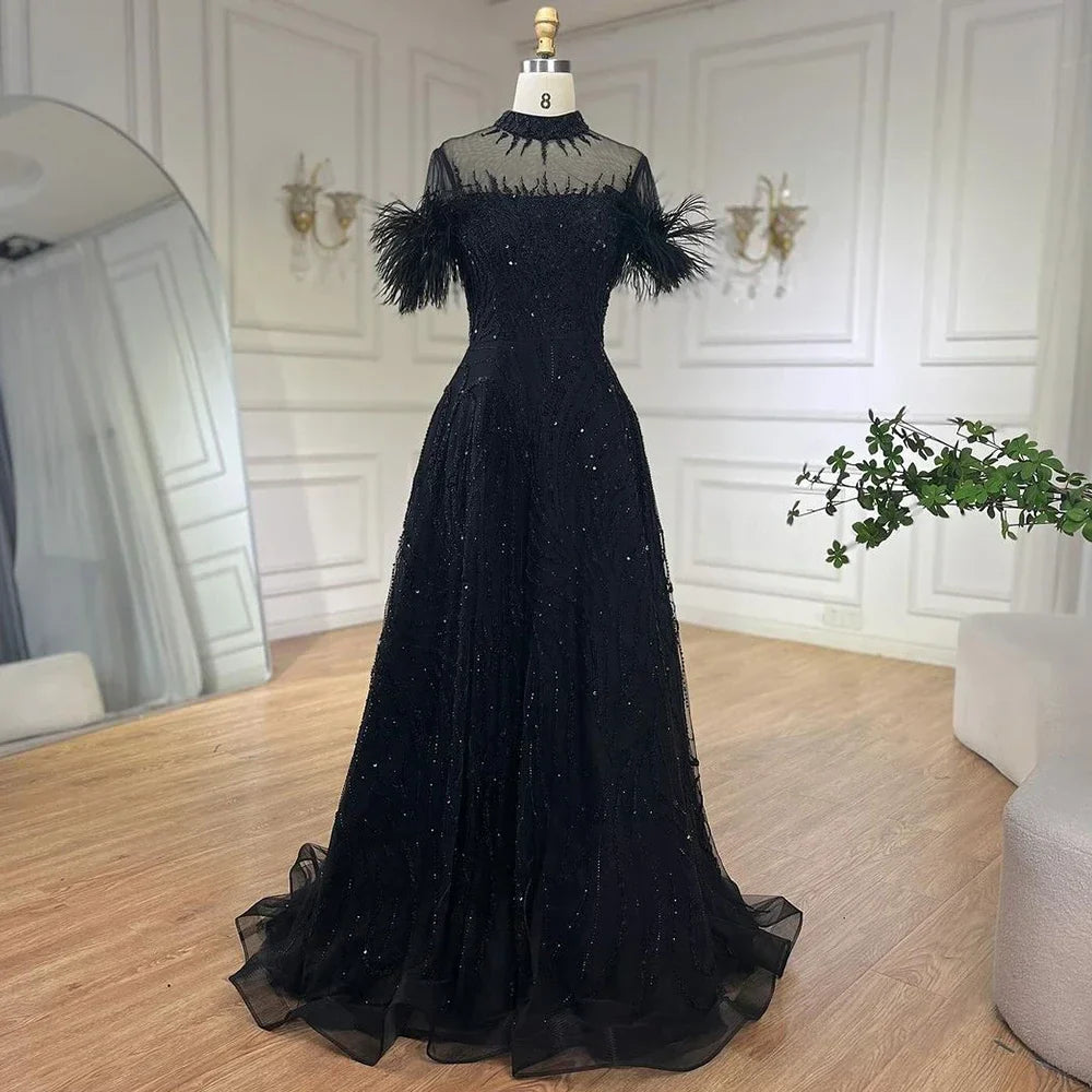 2025 Arabic blue A Line Short Sleeveless Luxury Evening Dresses Beaded Feathers For Women Wedding Party LA72351