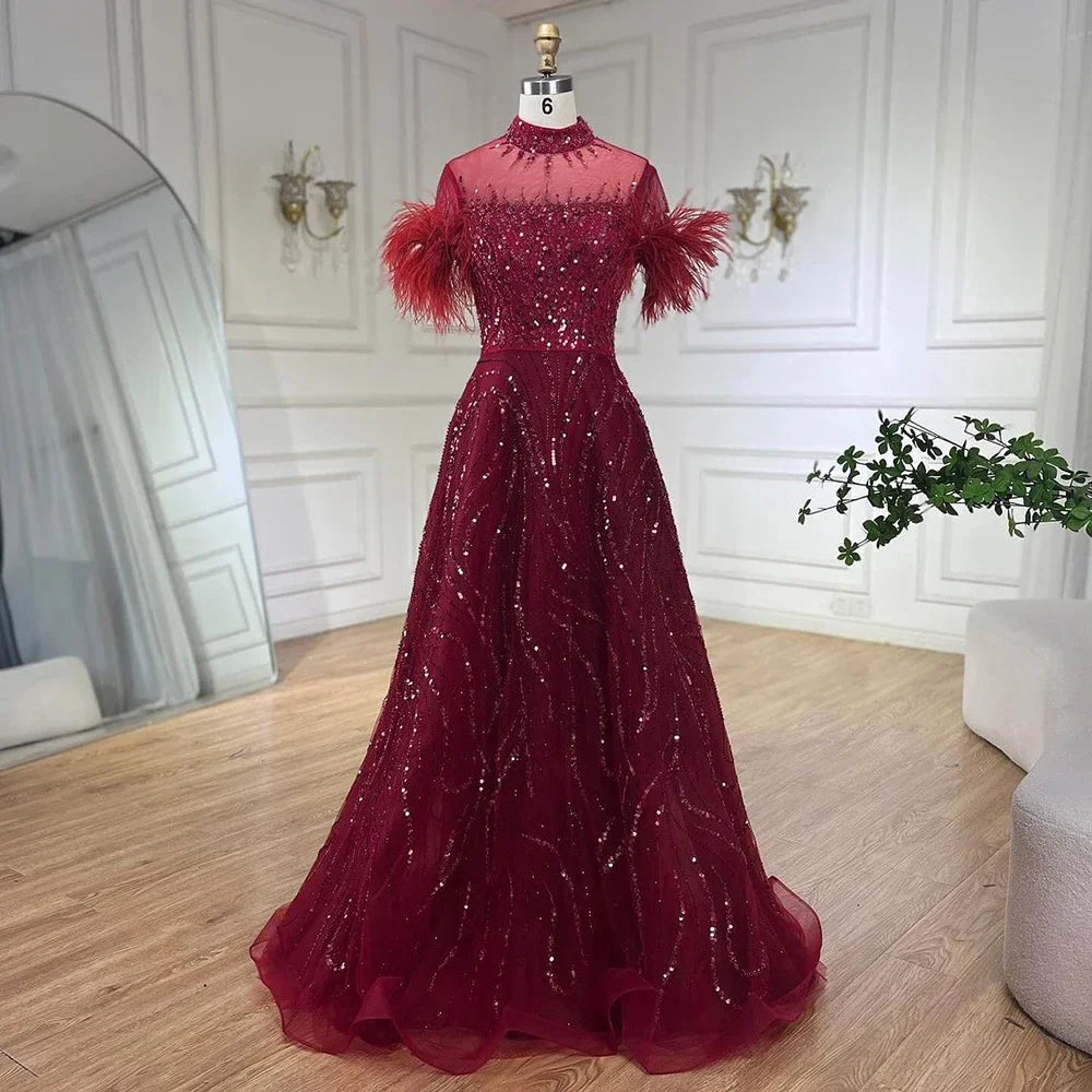 Vestido de noche azul árabe de lujo, corte A, corto, sin mangas, con plumas y cuentas, para mujer, fiesta de boda, LA72351 