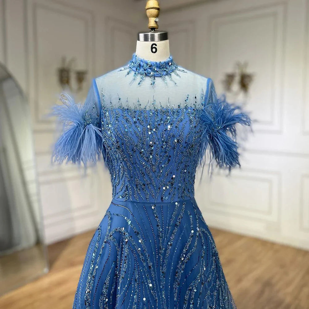 Vestido de noche azul árabe de lujo, corte A, corto, sin mangas, con plumas y cuentas, para mujer, fiesta de boda, LA72351 