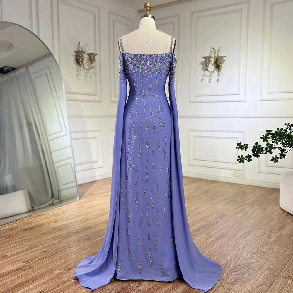 Vestido de noche sirena lila con mangas estilo capa, vestido de fiesta de boda de lujo LA72407