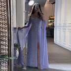 Vestido de noche sirena lila con mangas estilo capa, vestido de fiesta de boda de lujo LA72407