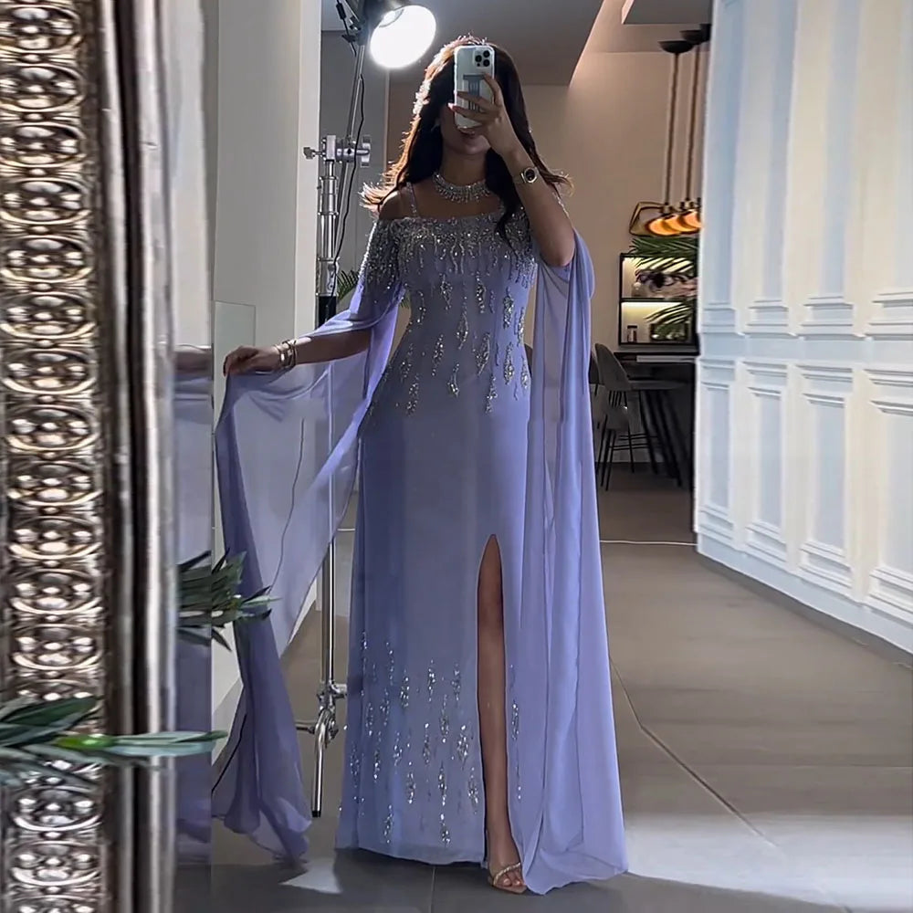Vestido de noche sirena lila con mangas estilo capa, vestido de fiesta de boda de lujo LA72407