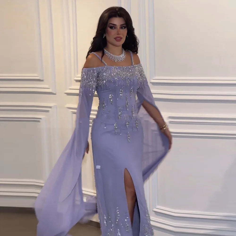 Vestido de noche sirena lila con mangas estilo capa, vestido de fiesta de boda de lujo LA72407