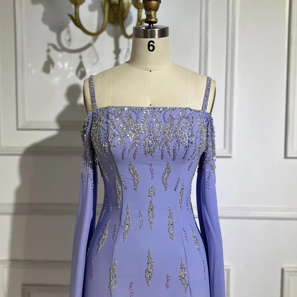 Vestido de noche sirena lila con mangas estilo capa, vestido de fiesta de boda de lujo LA72407