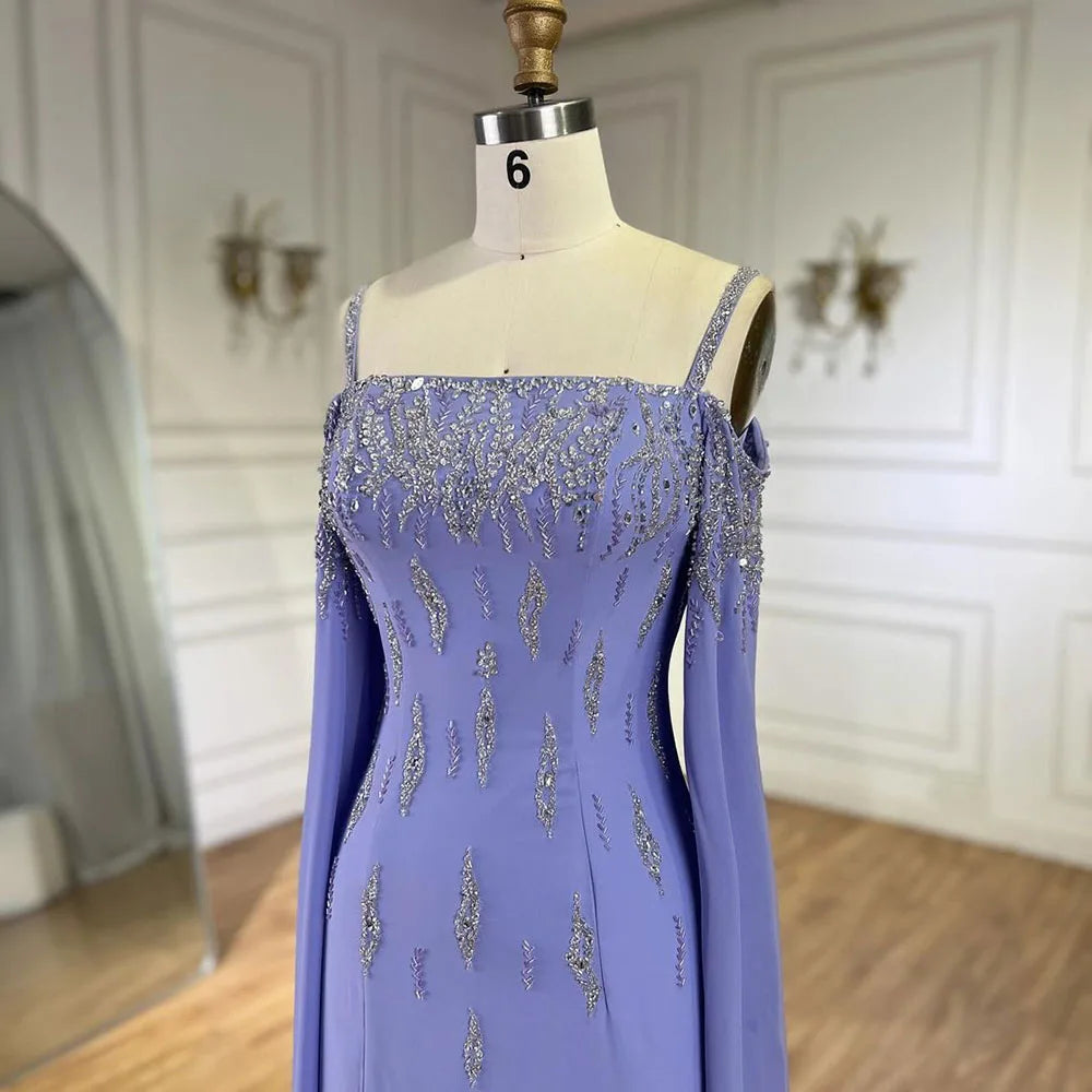 Vestido de noche sirena lila con mangas estilo capa, vestido de fiesta de boda de lujo LA72407